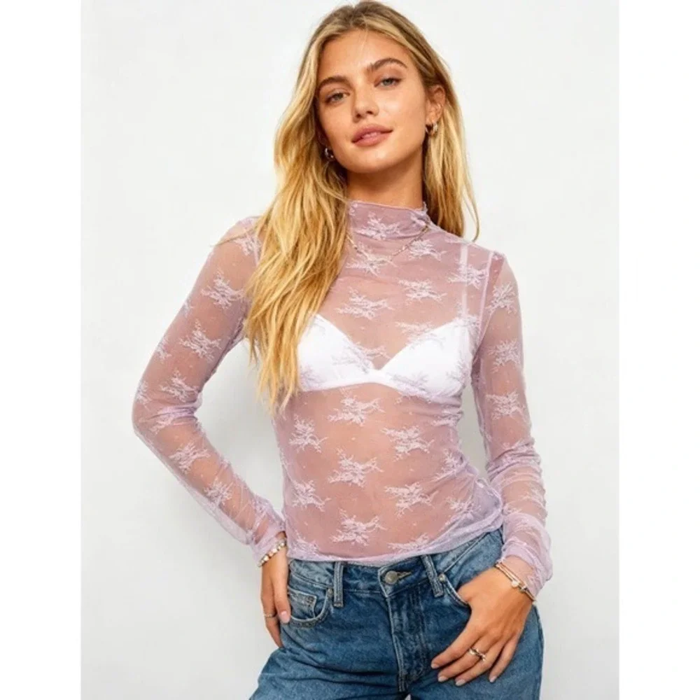 NWT Pink Sheer Floral Lace Top • Coquette Fairycore Mock Neck Long Sleeve Size M - Picture 1 of 7